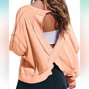 Soft Coral Lounge/Exercise Long Sleeve Reversible Hem Open Back Thumb Holes Top